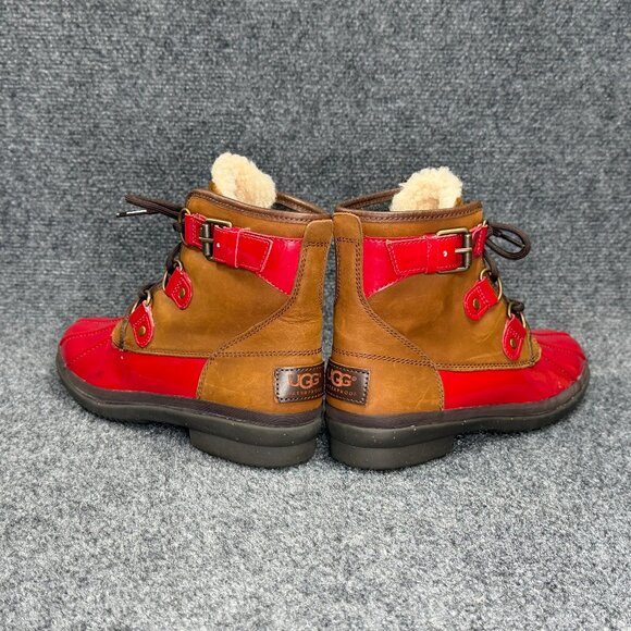 UGG Cecile Waterproof Duck Boots Women's Size 6 Brown Red Patent Leather Ankle - Picture 7 of 13
